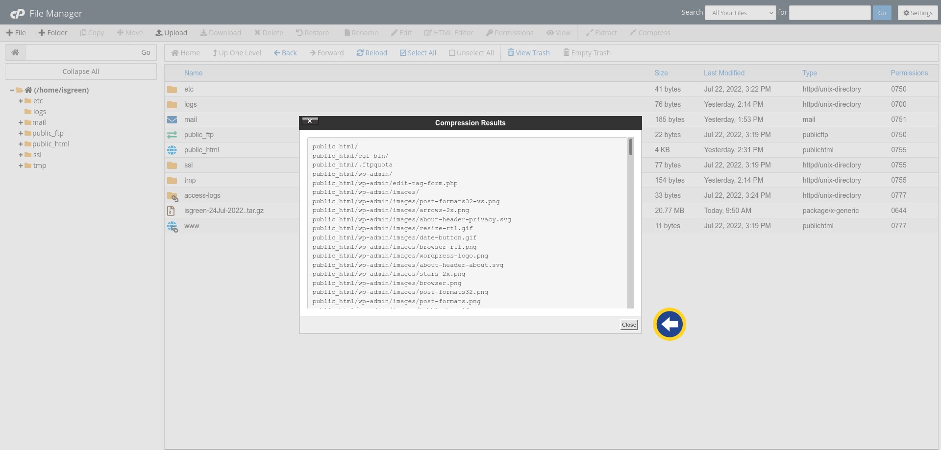 How to backup your website with cPanel: cPanel File Manager - Compression Results