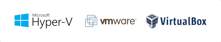Logos of popular hypervisor brands: Hyper-V, VMWare, and VirtualBox