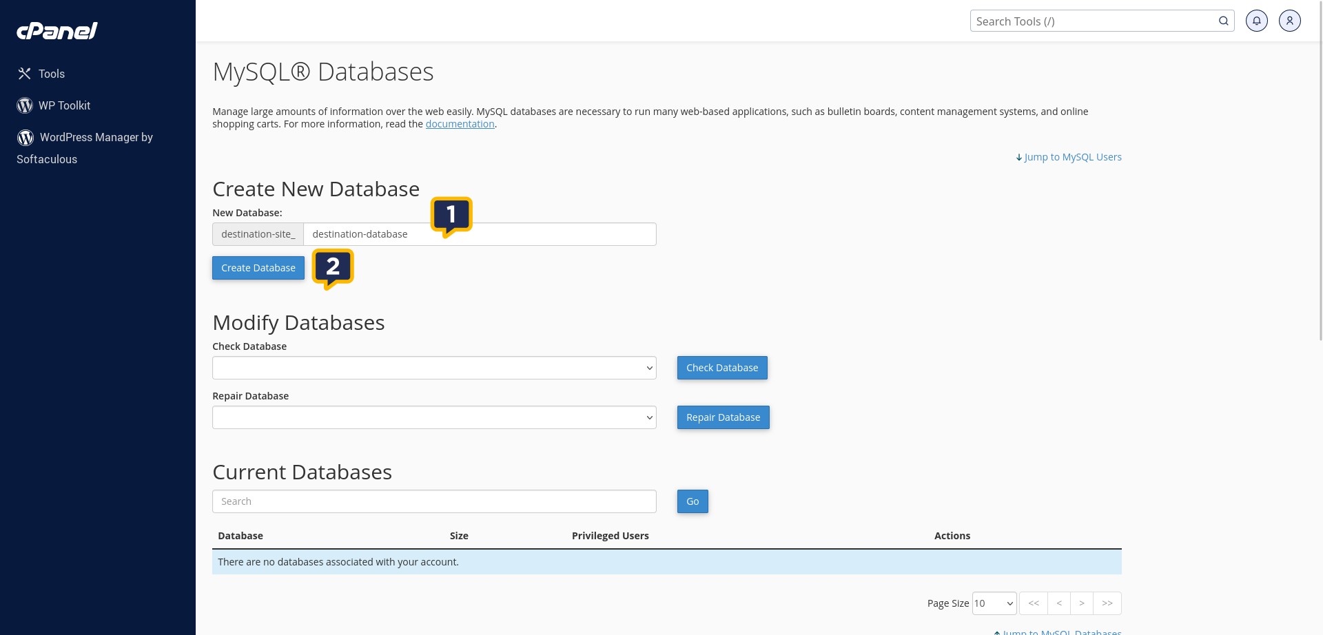 Website Migration | cPanel - Dest Create DB